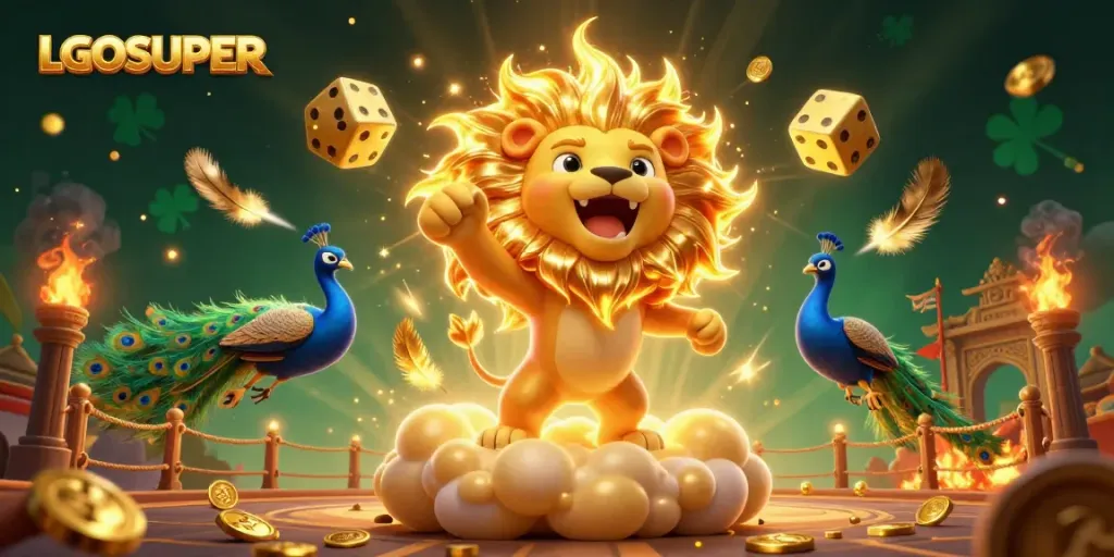Experience the excitement of LGOSUPER with vibrant casino-themed elements featuring a roaring lion and golden dice.