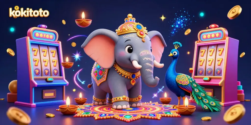 Kokitoto menghadirkan suasana beruntung dengan gajah dan merak dalam ilustrasi kasino yang penuh warna.