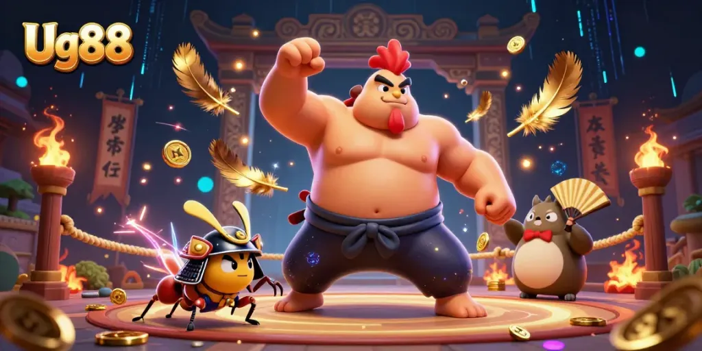 Engage with Ug88's thrilling game night featuring a sumo rooster and samurai cricket.