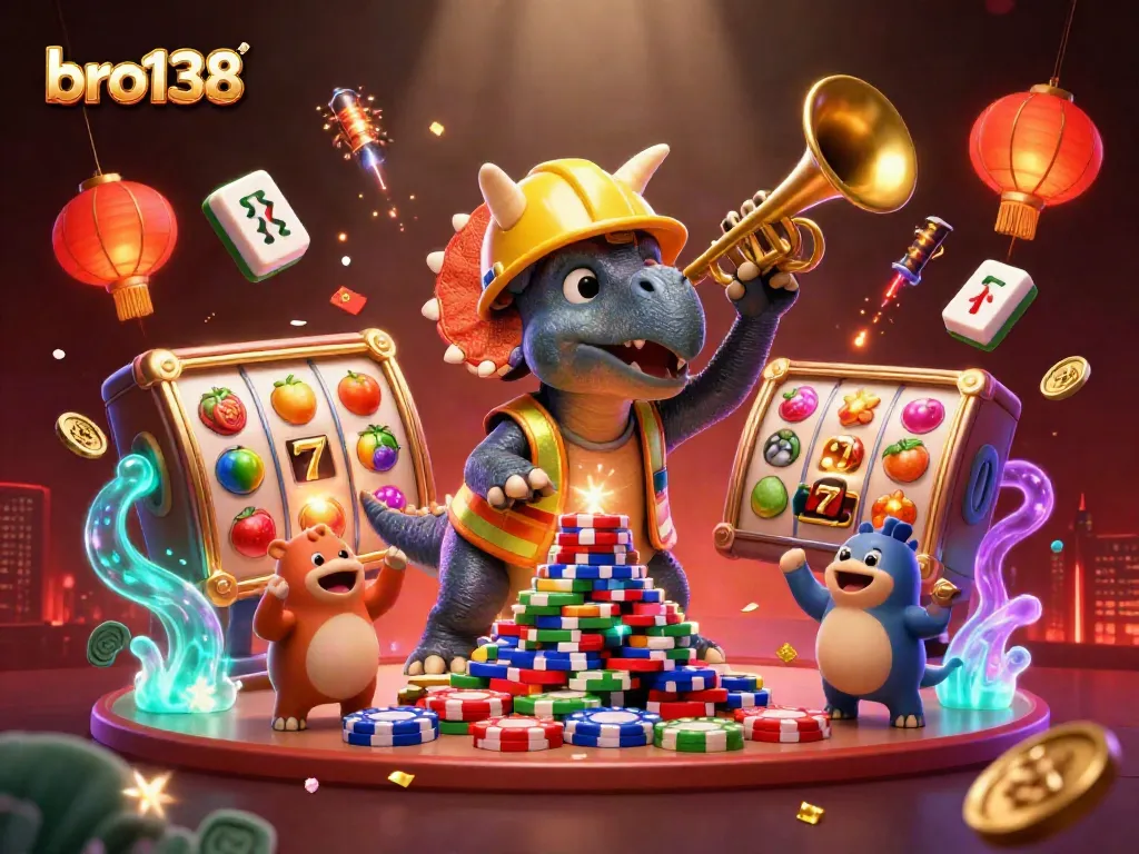 bro138 showcases an exciting casino scene with a triceratops and celebratory elements surrounding a pyramid of poker chips.