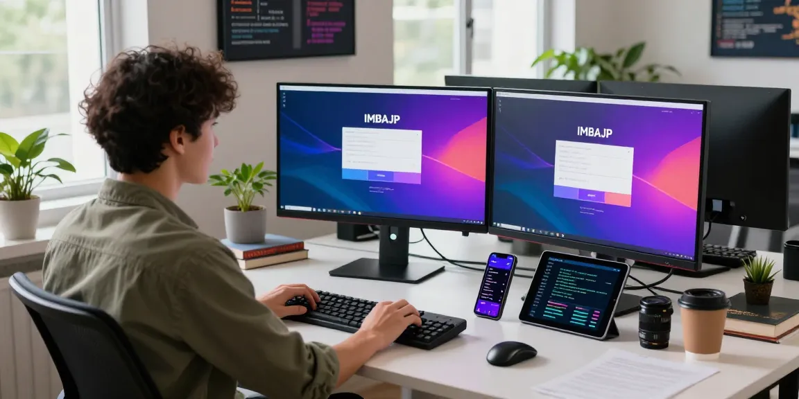 Pengembang menggunakan IMBAJP LOGIN di ruang kerja modern dengan layar monitor dan gadget teknologi.