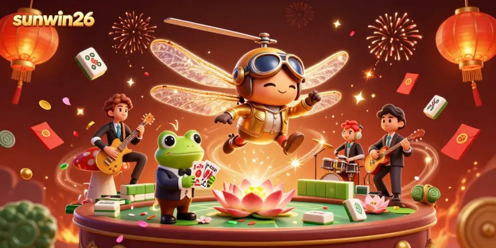 Experience thrilling casino fun with sunwin26 at a whimsical lily pad casino, featuring a dragonfly pilot and a frog croupier.