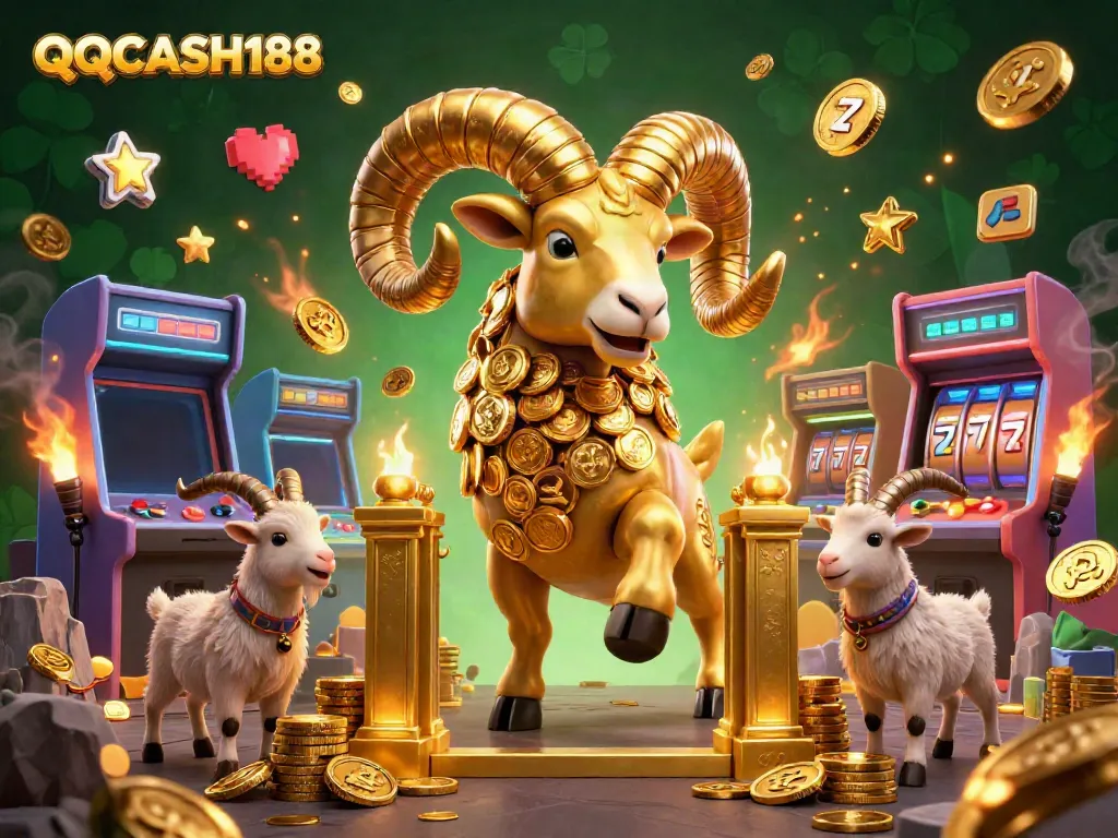 Play and win with QQCASH188's exciting online gaming platform featuring a dynamic 3D illustration.