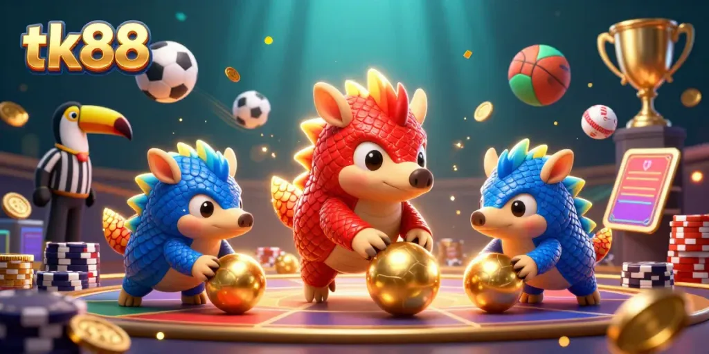 Engaging tk88 gambling illustration with pangolins, poker chips, and sports balls