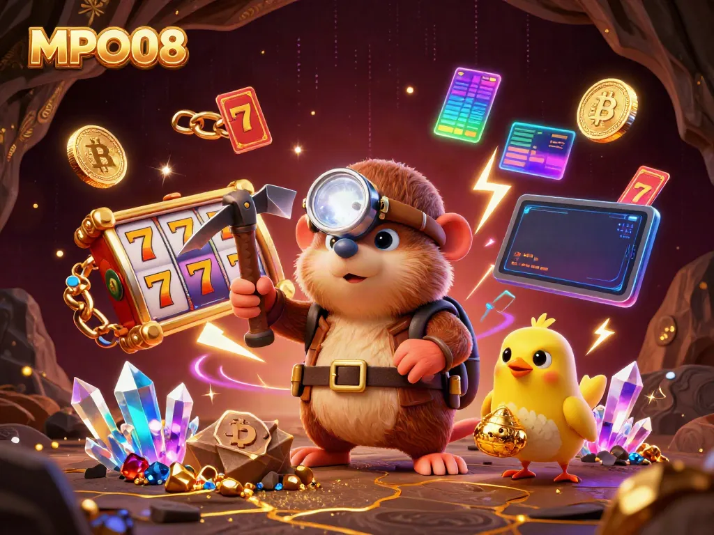 MPO08 reveals a vibrant gold-filled mining scene with a cartoon mole, showcasing exciting gaming elements.