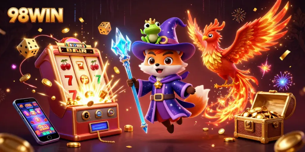 Engage with the thrilling world of 98WIN slots amidst magical characters and vibrant casino elements.