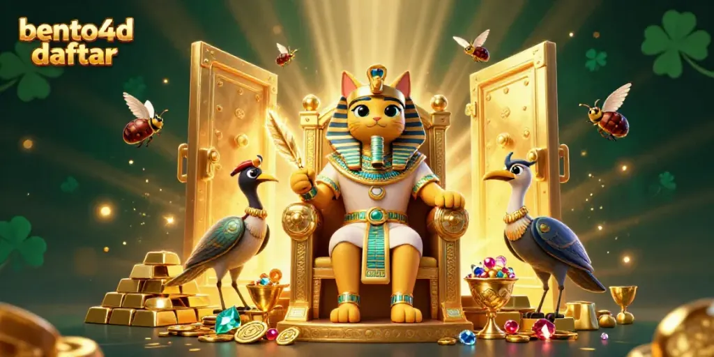 Bento4D daftar with vibrant Egyptian-themed characters surrounded by treasures and casino elements.