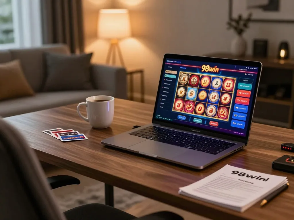 Player engaging with 98win online casino interface on sleek laptop showcasing custom gameplay.