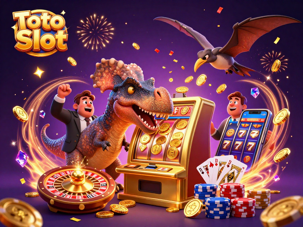 Gameplay menarik Toto Slot dengan dinosaurus yang mengaktifkan jackpot dan koin emas yang terbang