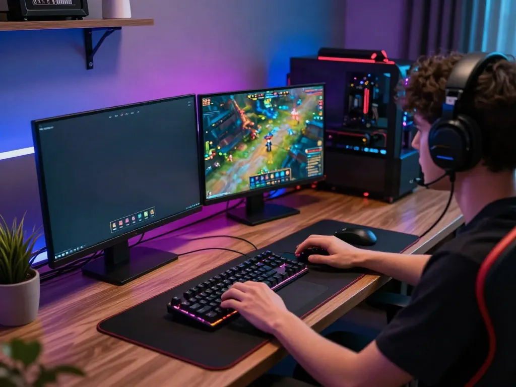 Permainan QQGOBET di laptop dengan pencahayaan LED biru dan aksesoris gaming.