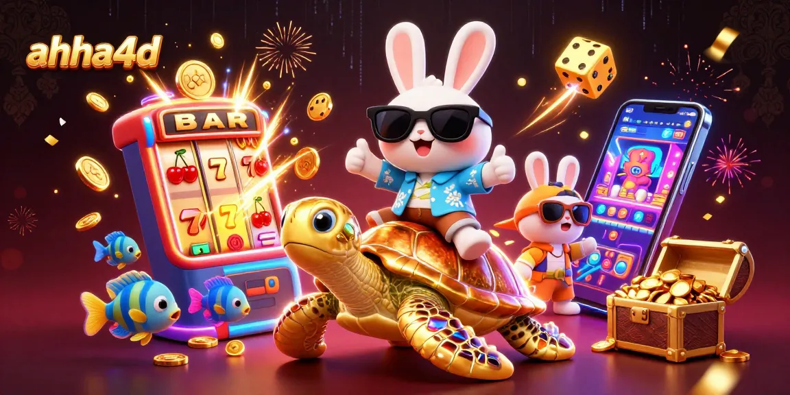 Spin to win at ahha4d with vibrant slot machines and a lucky rabbit in a dynamic gaming scene.