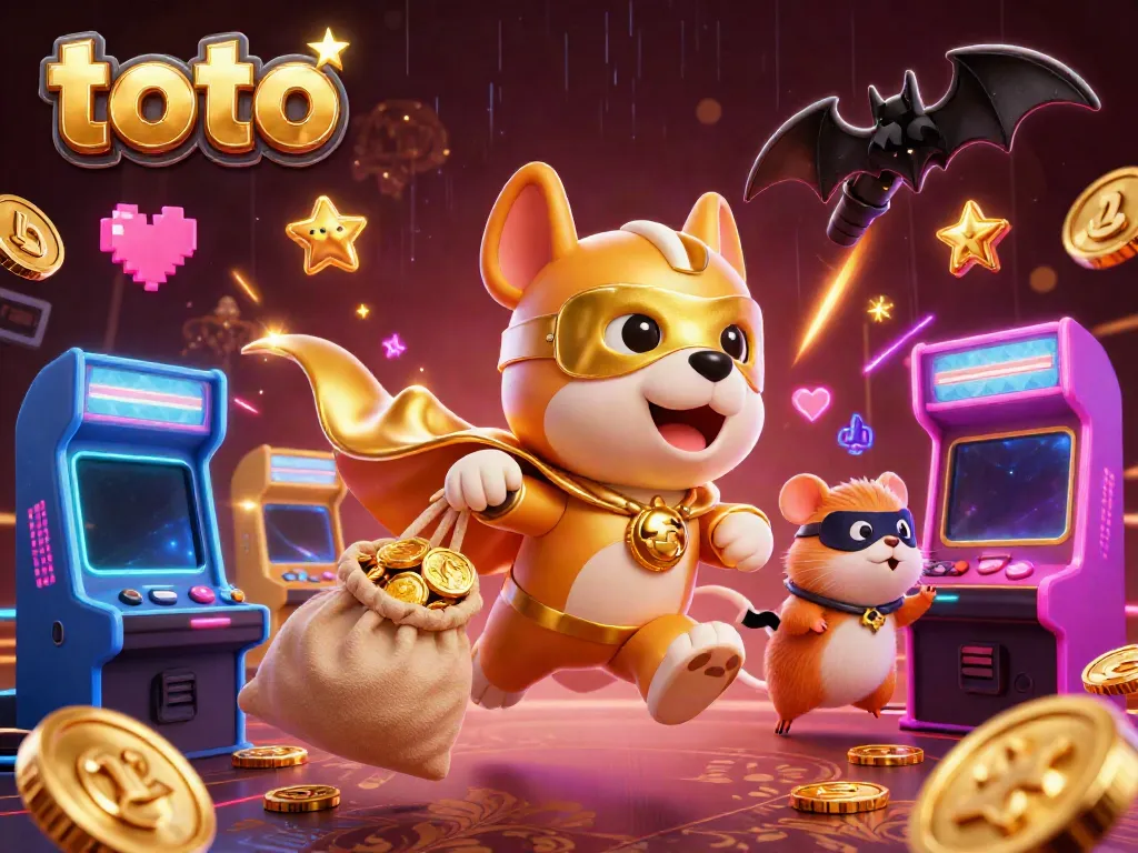 Engage with toto through a superhero-themed gambling scene featuring colorful arcade elements.