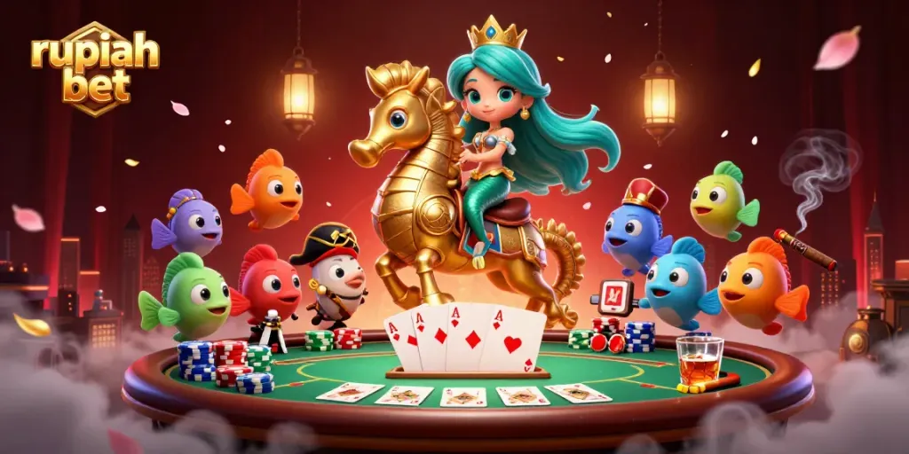 Experience joy with rupiah bet in a vibrant 3D casino scene featuring mermaid princess and poker elements.