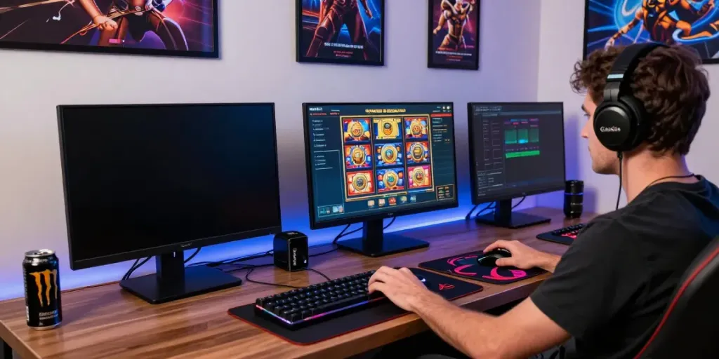 Engaging gameplay on the Wolfbet Bonus official Page, player with immersive home gaming setup.