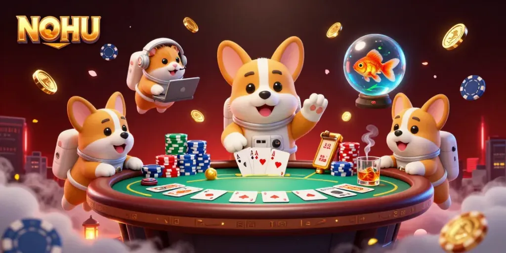 Engage in thrilling NOHU casino action with a 3D floating corgi and golden coins!