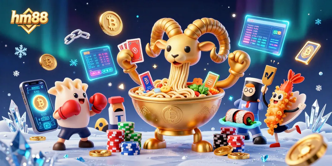 Engage with hm88's vibrant casino scene featuring a ramen bowl dealer surrounded by crypto coins and lively characters.