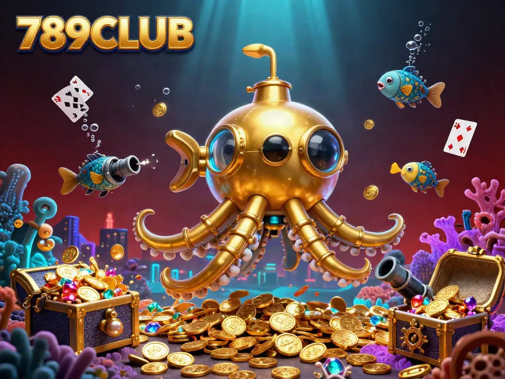 Experience thrilling action with 789CLUB as a golden kraken submarine and mechanical fish explore a treasure-filled underwater world.