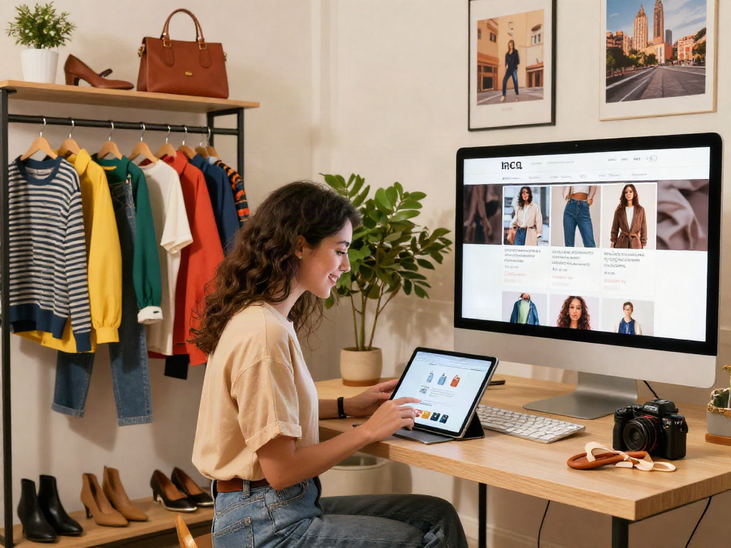 Fashion enthusiast exploring trendy styles online with bro138 on a vibrant e-commerce platform.