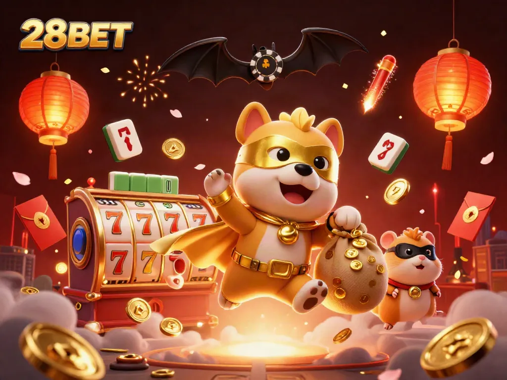 Experience thrilling excitement with 28BET as the superhero dog flies through a vibrant casino adventure.