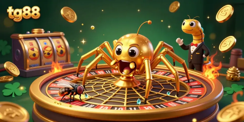 Experience the thrill of tg88 gaming as a fly nervously bets near a roulette web spun by a golden spider and centipede croupier.