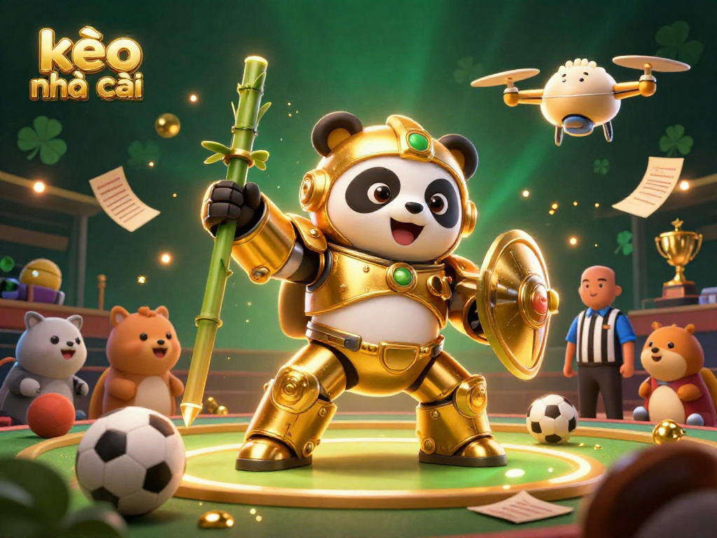 Kèo nhà cái features a golden panda robot in a vibrant sports betting arena, engaging bettors with thrilling action.