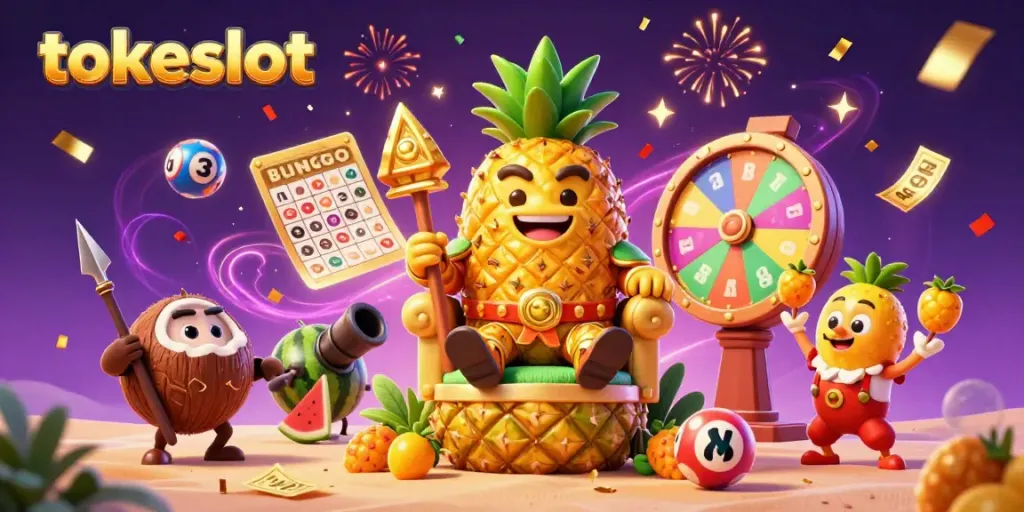 Experience the vibrant tokeslot beach casino scene, featuring golden characters and dynamic game elements amidst a festive atmosphere.