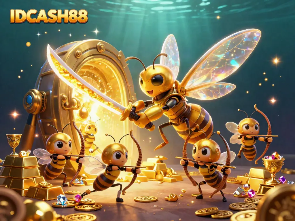 Engage with IDCASH88's vibrant 3D casino scene featuring a golden hornet samurai and treasure elements.
