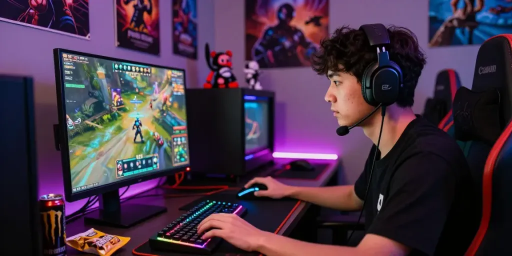 Gamer beraksi dalam permainan situs gacor, dikelilingi peralatan gaming modern dan atmosfer yang penuh semangat.