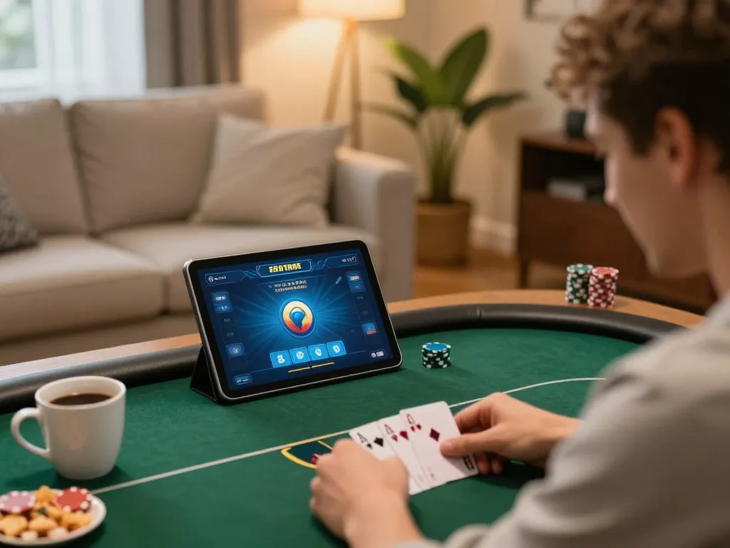 Player enjoying an online poker game on 789club platform in a cozy living room ambiance.