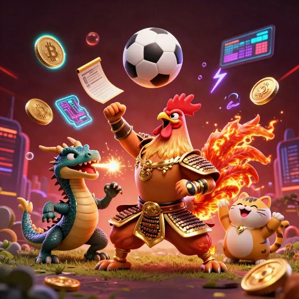 Ayam samurai emas, naga kecil, dan kucing hoki di ledakan bola dan koin neon.