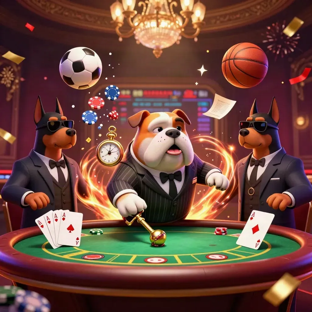 Bulldog mafia dan dua doberman di meja kasino, bola melayang, koin dan kartu beterbangan.