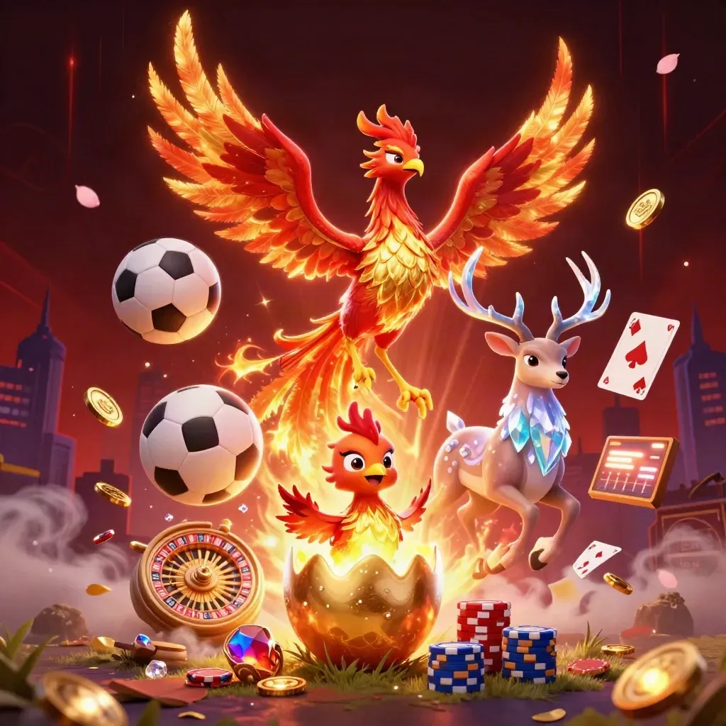 Phoenix, rusa mistis, dan ikon kasino melesat di latar gelap emas-merah.