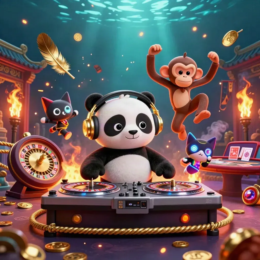 Panda DJ, monyet, dan kucing glow-stick di kasino mitologis mewah, penuh emas dan cahaya dramatis.