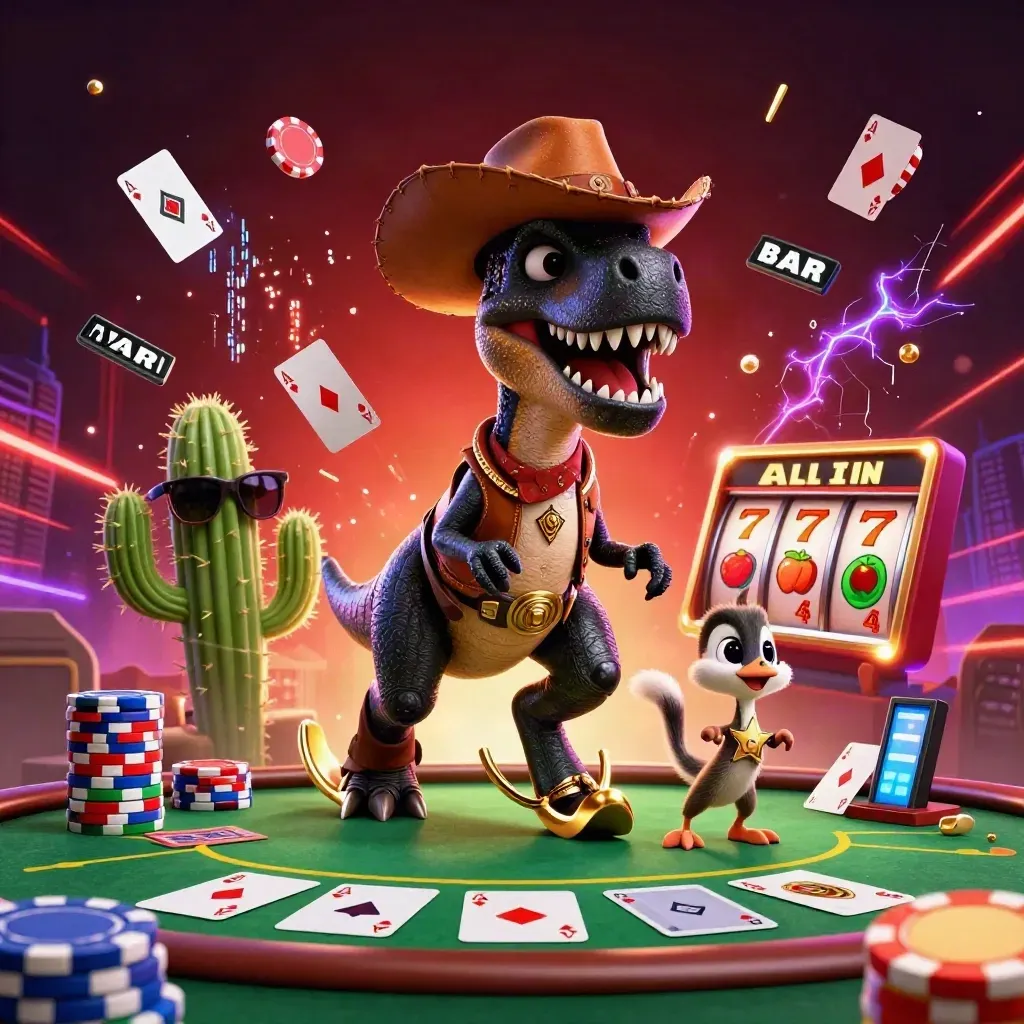 T-Rex koboi, kaktus, dan roadrunner di ledakan chip kasino neon