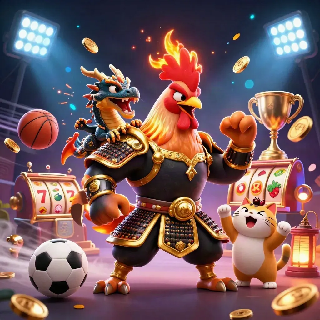 Ayam ksatria, naga kecil, dan kucing keberuntungan di layar kasino mewah dengan bola dan kilau emas.