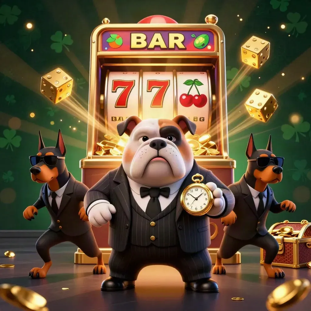 Bulldog mafia kartun dan dua doberman dikelilingi mesin slot, dadu emas, dan peti harta.