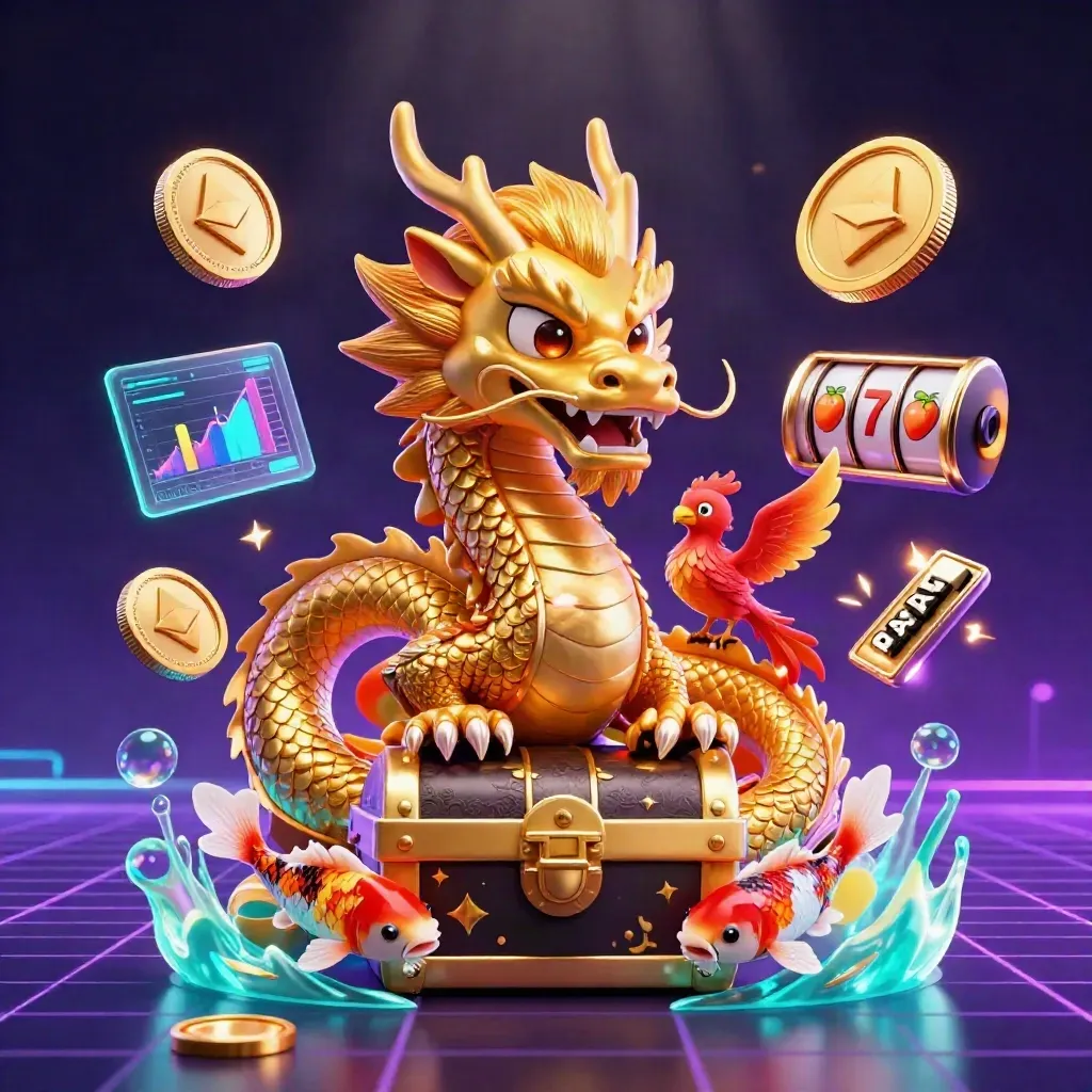 Naga emas melingkar di peti harta, dengan phoenix kecil, koi, koin kripto, dan kilat neon.