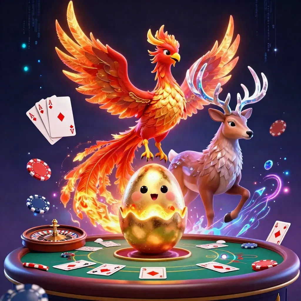 Phoenix, rusa mistis, dan bayi phoenix di tengah meja kasino emas berkilau neon.