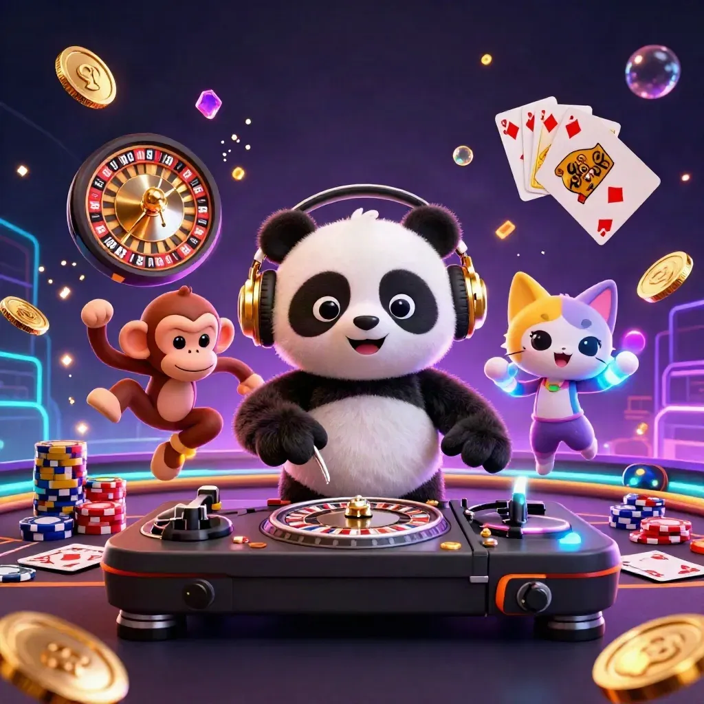 Panda DJ emas, monyet menari, dan kucing neon di tengah koin, permata, dan roda roulette.