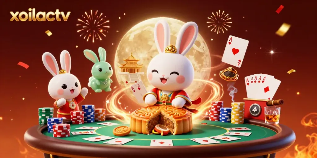 Xoilactv reveals a dynamic 3D scene with a moon rabbit and poker elements set against a glowing lunar backdrop.