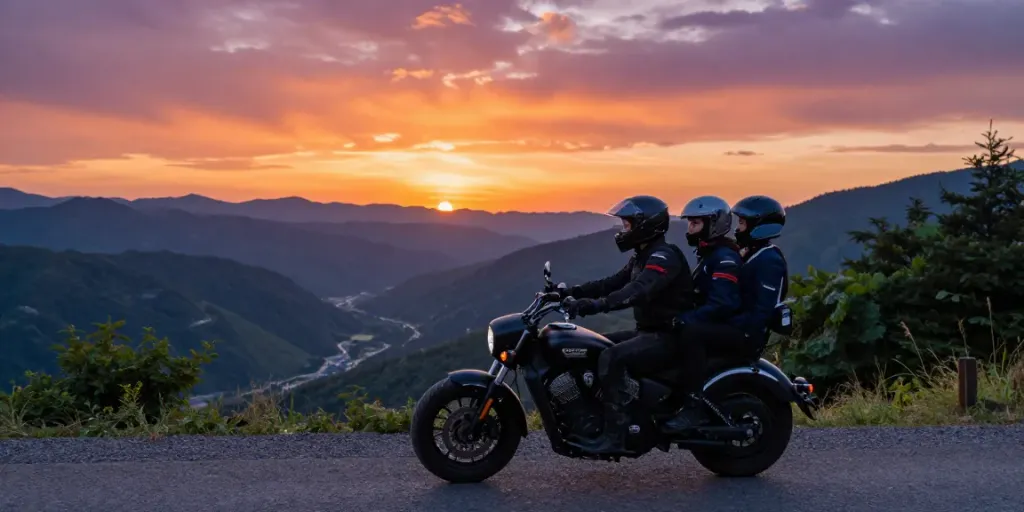 Rider and passenger enjoying a scenic view on their Indian motorcycle, capturing the essence of 2up india adventure.