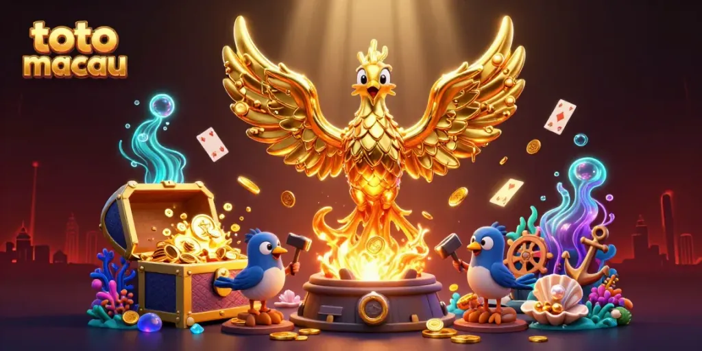 Engage in thrilling casino gameplay with the dynamic toto macau scene featuring molten gold phoenix and treasure.