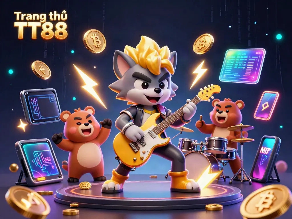 Create a thrilling atmosphere at the Trang chủ TT88 party, with the rock star wolf performing alongside a bear drummer in a vibrant casino setting.