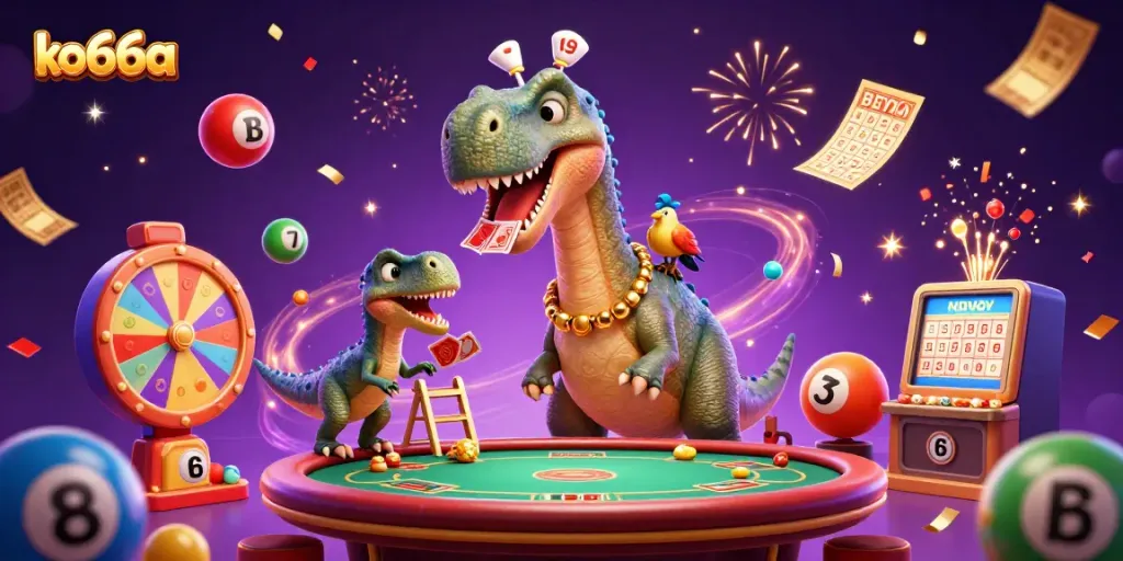 Engage with ko66a's vibrant casino scene featuring a brontosaurus and clever raptor amidst lottery excitement.