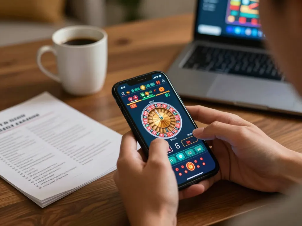 Person enjoying online gambling on mobile device at home with a focus on casino features, janadenole offers secure play.