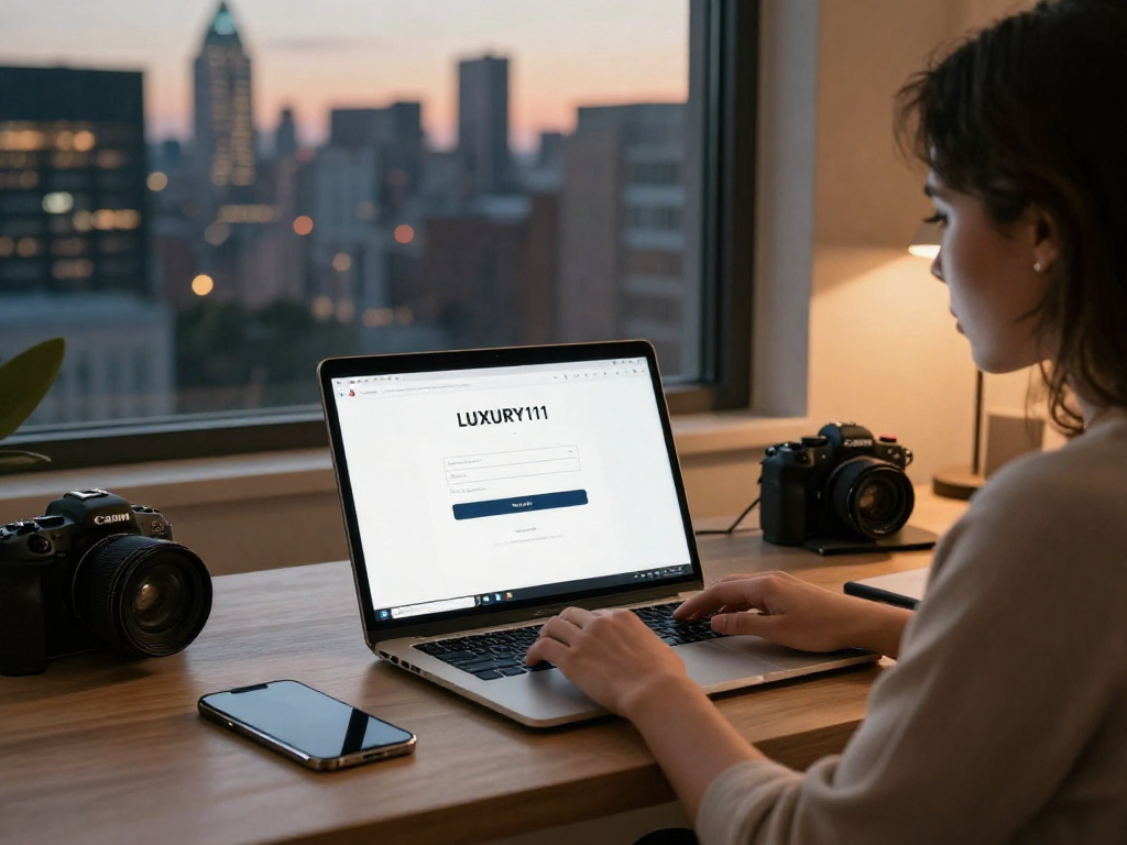 Pengguna memasukkan LUXURY111 Login di laptop dalam suasana kantor modern dengan pencahayaan yang hangat dan perangkat digital di sekitarnya.