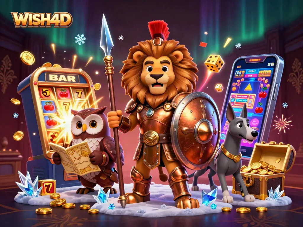 Experience the thrilling WISH4D slot adventure with a Spartan lion, owl strategist, and greyhound messenger amid a jackpot explosion.