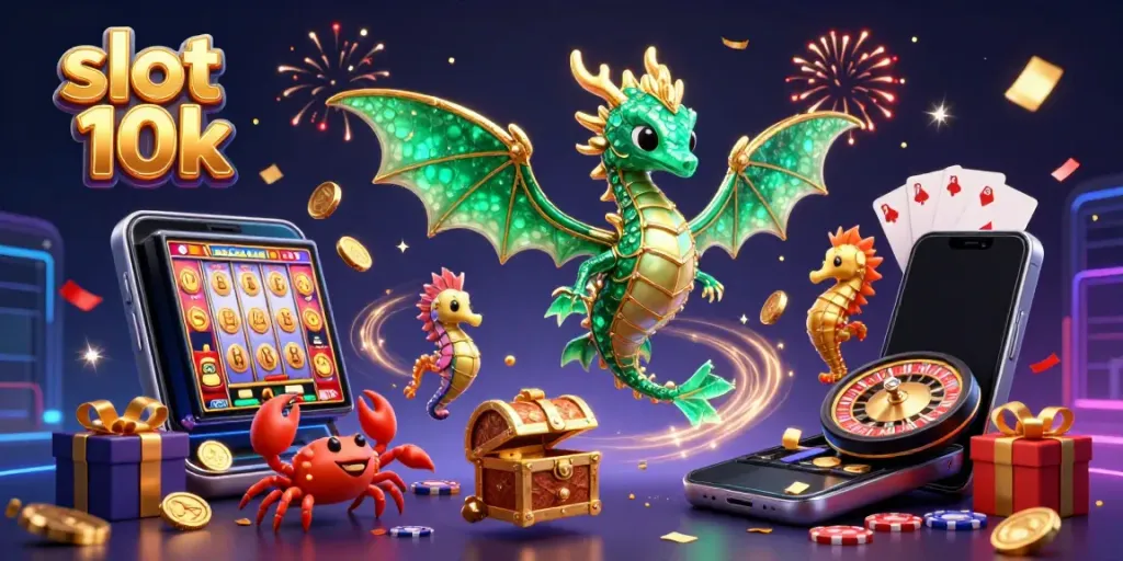 Slot 10k yang menampilkan simbol permainan slot dengan naga laut berkilau dan peti harta karun, penuh koin emas.