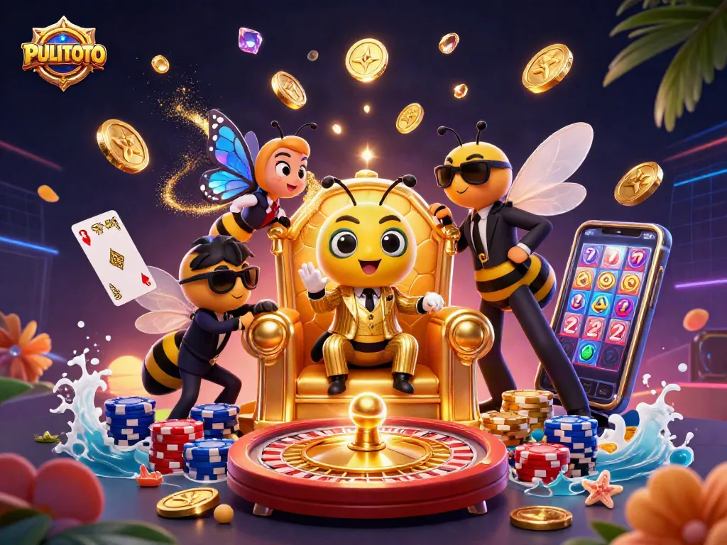 PULITOTO showcases a vibrant cartoon scene of a bumblebee mob boss in a casino setting filled with golden coins and treasures.