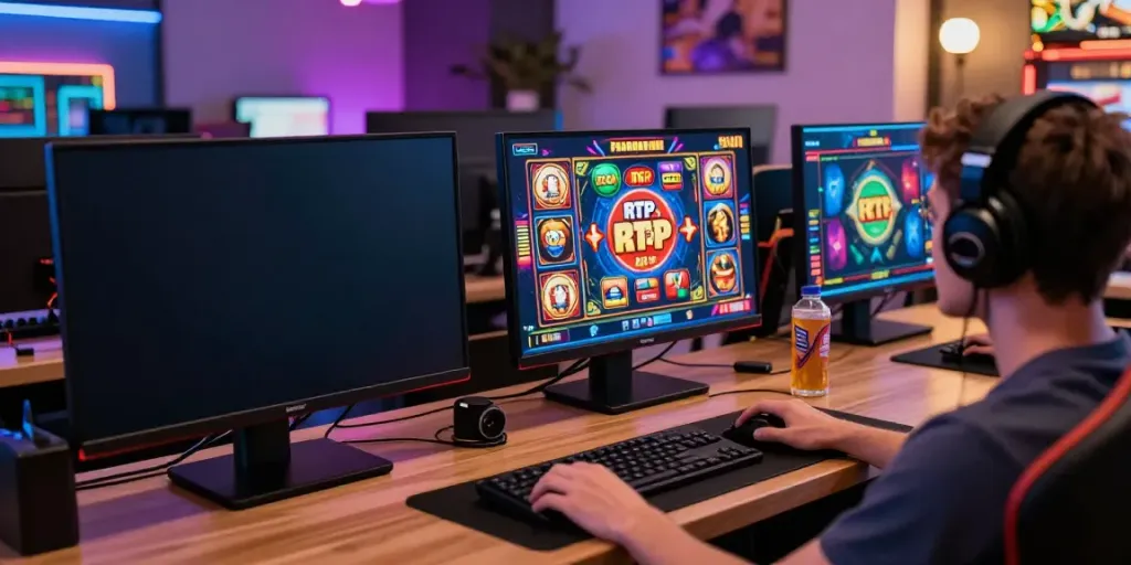 BUKUMIMPI138: Pemain asyik bermain slot gacor dengan angka RTP tinggi dan suasana gaming yang ceria.